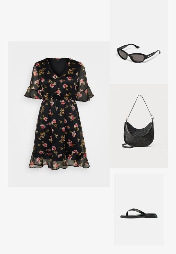 Zwarte bloemenjurk met een V-halslijn, korte fluttermouwen, elastische taille en gelaagde ruches aan de onderkant. Bevat roze en gele bloempatronen op de stof.; Zwarte platte teenslipper met gestructureerde band en licht verhoogde hak, weergegeven in zijprofiel tegen een effen lichte achtergrond.; Zwarte zonnebril met een rechthoekig frame, donkere lenzen, gladde plastic materiaal en een metalen accent op de poot.; Zwarte gewoven handtas met een gebogen vorm, een ritssluiting en een lange verstelbare schouderband. De gestructureerde afwerking verhoogt de detaillering van het oppervlak.