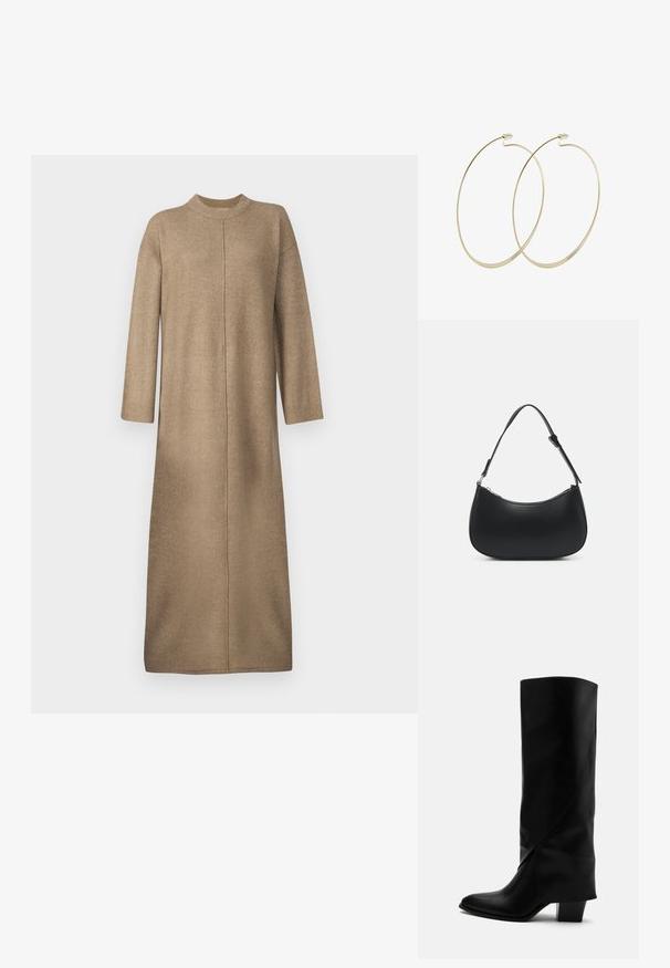 Vestido de punto en un suave color beige, con un escote alto, mangas largas y un corte recto con un detalle de costura central.; Bota alta de cuero negro con costuras anguladas, puntera puntiaguda y tacón grueso de altura media sobre fondo blanco.; Pieces PCALUANA SHOULDER BAG - Bolso de mano - black; Pilgrim Pendientes - gold-coloured