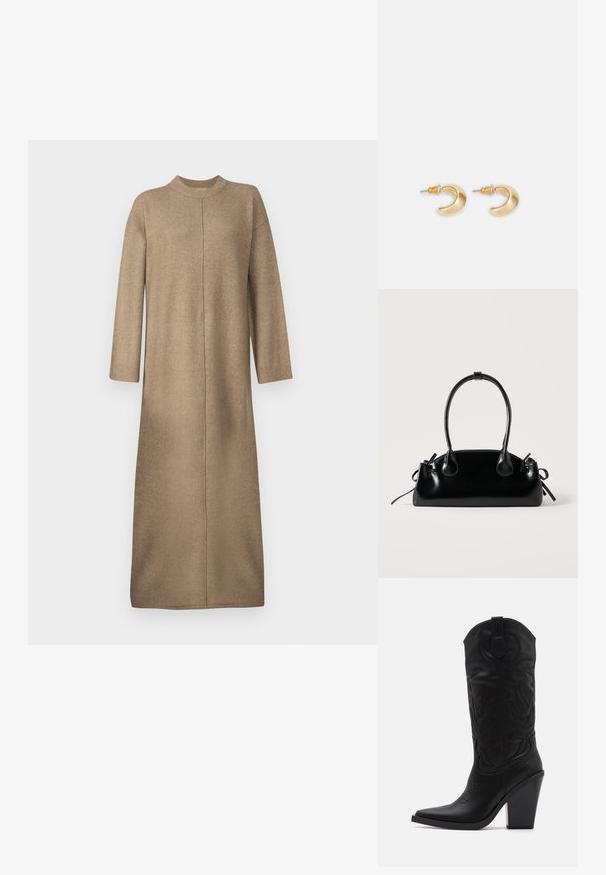 Pletan dresses v jemnej béžovej farbe s vysokým výstrihom, dlhými rukávmi a rovnými siluetami so stredovým švom.; Simmi London DANIQUE - Topánky na vysokom opätku - black; Malá čierna lesklá kabelka s dvoma dlhými rúčkami a bočnými šnúrkovými detailmi na jednoduchom svetlom pozadí.; Zlaté náušnice v tvare pologuľe s hladkým povrchom, s oranžovými akcentmi pri úchyte a striebornými komponentmi.