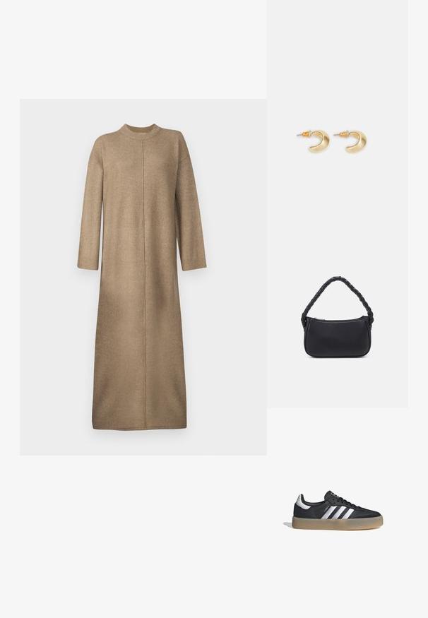 Vestido de punto en un suave color beige, con un escote alto, mangas largas y un corte recto con un detalle de costura central.; Zapatilla deportiva de cuero negro con tres rayas plateadas, punta texturizada y suela de goma. Cuenta con un collar acolchado y un diseño con cordones.; Bolso negro de forma redondeada, hecho de material liso. Presenta un asa trenzada y un cierre de cremallera para un almacenamiento seguro.; Pendientes en forma de media luna de oro con un acabado suave, que presentan acentos naranjas cerca del pasador y herrajes de plata.