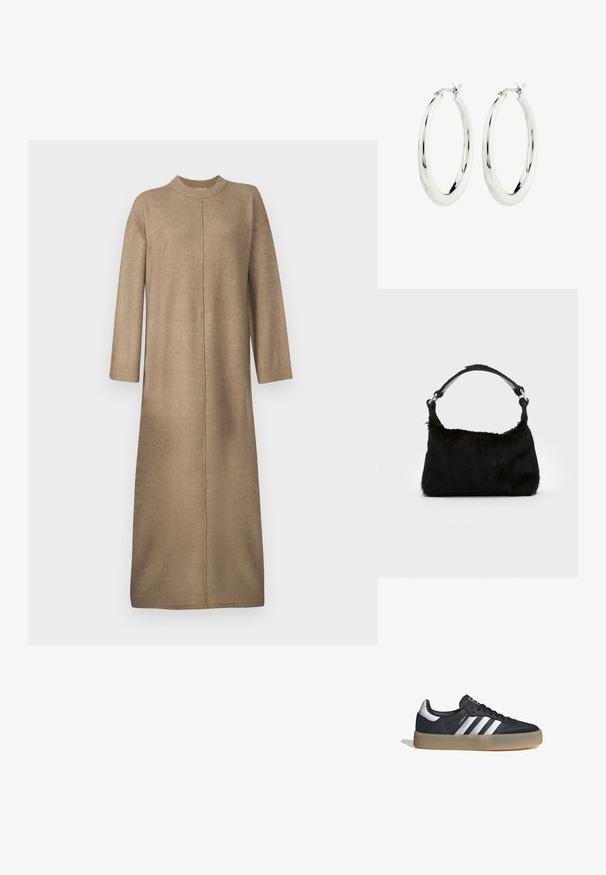 Vestido de punto en un suave color beige, con un escote alto, mangas largas y un corte recto con un detalle de costura central.; Zapatilla deportiva de cuero negro con tres rayas plateadas, punta texturizada y suela de goma. Cuenta con un collar acolchado y un diseño con cordones.; Bolso de mano de piel sintética negra con una textura suave, forma redondeada y una resistente correa de cuero negro para el hombro. Acentos de herrajes plateados visibles.; Pendientes de aro de plata con un acabado suave y brillante. Forma circular, con un cierre seguro. Diseño sencillo y elegante.