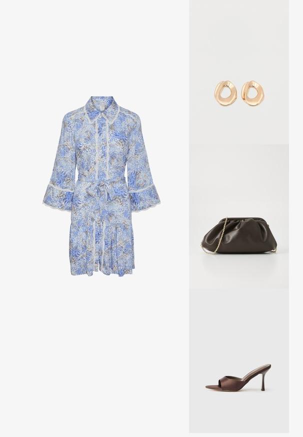 Blauw bloemenpatroon jurk met een kraag, plooiende mouwen, kantafwerking en een ceintuursluiting in de taille. Heeft een gelaagde, gerimpelde rok.; Bruine satijnen open teen mule met een middenhoge slanke hak en een instapontwerp op een effen witte achtergrond.; Bruine leren handtas met een geaccentueerd ontwerp, gouden kettinghengsel en een zachte, textuurafwerking. Compacte vorm geschikt voor avondgebruik.; Set van onregelmatig gevormde, gepolijste hoepel oorbellen van goudkleurig metaal met een open midden op een effen witte achtergrond.