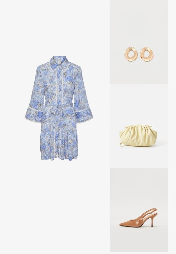 Blauw bloemenpatroon jurk met een kraag, plooiende mouwen, kantafwerking en een ceintuursluiting in de taille. Heeft een gelaagde, gerimpelde rok.; Puntige slingback hak in een glad, glanzend beige materiaal. Bevat een gebogen uitsnijdontwerp en een slanke stiletto hak. Zilveren gesp detail.; Geel geplooide handtas van soepel nepleer, met een zachte vorm, een enkele schouderriem en een verzameld ontwerp aan de bovenkant.; Set van onregelmatig gevormde, gepolijste hoepel oorbellen van goudkleurig metaal met een open midden op een effen witte achtergrond.