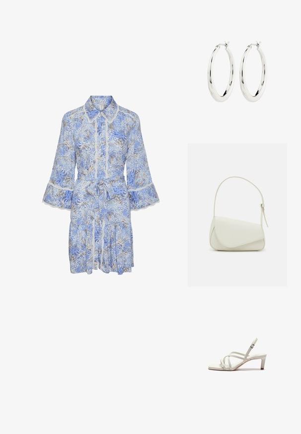 Blauw bloemenpatroon jurk met een kraag, plooiende mouwen, kantafwerking en een ceintuursluiting in de taille. Heeft een gelaagde, gerimpelde rok.; Zign by Zalando Klassieke pumps - off white; Witte nepleren handtas met een gestructureerde driehoekige vorm, een enkele verstelbare schouderriem en een klep met ronde accenten.; Zilveren oorbellen in de vorm van een gladde, glanzende ring. Circulaire vorm, voorzien van een veilige sluiting. Eenvoudig en elegant ontwerp.