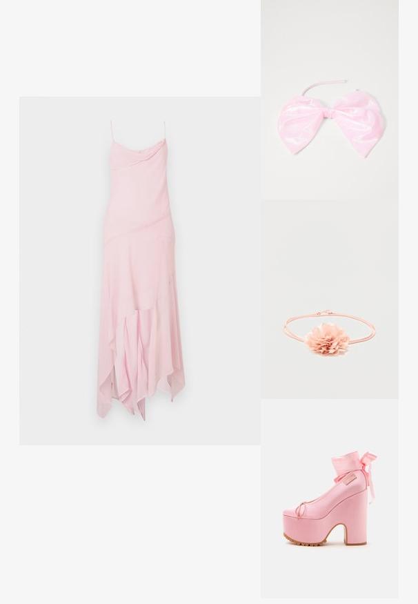 Roze midi-jurk met dunne banden, met een gedrapeerde bovenkant en een asymmetrische zoom. Gemaakt van lichte, vloeiende stof met een zachte textuur.; Roze platform hoge hak schoen met dikke blokhak, enkelriempjes gestrikt in een strik en profielzool.; Roze, glanzige haaraccessoire in de vorm van een grote strik, met een gladde textuur en een dunne band om het op zijn plaats te bevestigen.; Roze elastisch haarbandje met een zachte stoffen bloem met gelaagde bloemblaadjes in het midden op een witte achtergrond.