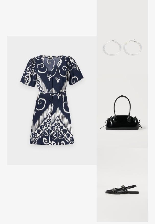 Tumesinine kleit valgete abstraktsete keeriste ja fleur-de-lis mustritega, lühikeste varrukatega, V-kaelusega, ees nuppudega ja õhuke vööga taljes.; Even&Odd by Zalando Kannarihmaga baleriinad - black; Väike must läikiv käekott kahe pika sangaga ja külgedel paelakinnitustega, ühel lihtsal helel taustal.; Paari läikiva hõbedase rõngaskujulise kõrvarõngastega, millel on õhukesed traatlukkud, kuvatud heleda halli taustal.