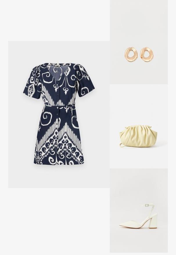Vestido azul marino con patrones blancos abstractos de remolinos y fleur-de-lis, manga corta, escote en V, cierre de botones al frente y un cinturón delgado para atar a la cintura.; Sandalia blanca de tacón con puntera afilada, correa ajustable en el tobillo y un tacón cuadrado grueso. Textura lisa con detalles de costura mínimos.; Bolso amarillo plisado hecho de cuero sintético suave, con una forma blanda y una sola correa para el hombro, además de un diseño de parte superior recogida.; Par de pendientes de aro de metal en tono dorado pulido, de forma irregular y con centro abierto, sobre un fondo blanco liso.