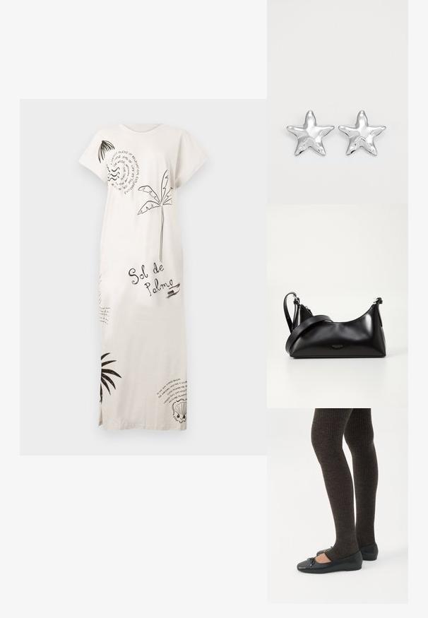 Largo vestido blanco con estampados de palmeras negras, conchas y texto que incluye "Sol de Palma," con mangas cortas y aberturas laterales.; Piernas con leggings oscuros acanalados combinados con bailarinas negras que presentan pequeños detalles de lazo sobre un fondo blanco.; Bolso de mano de cuero negro con una textura suave. Cuenta con una correa ajustable y un diseño elegante y minimalista con cierre de cremallera.; Pendientes en forma de estrella plateada con una superficie pulida y brillante. Cada pendiente presenta cinco puntas y sutiles detalles de textura en la superficie.