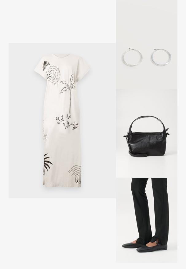 Langes weißes Kleid mit schwarzen Drucken von Palmen, Muscheln und Texten, einschließlich "Sol de Palma". Es hat kurze Ärmel und seitliche Schlitze.; Beine in schwarzen schmalen Hosen mit vorderen Schlitzen am Saum, kombiniert mit schwarzen flachen Mary-Jane-Schuhen mit kleinem Schnallenriemen.; Schwarze Lederhandtasche mit strukturiertem Design, rundem Haltegriff und abnehmbarem Schulterriemen. Sie weist eine glatte Oberfläche und einen subtilen Glanz auf.; Silberne Metallcreolen mit glatter, leicht gebogener Oberfläche und Klappverschluss vor schlicht weißem Hintergrund.