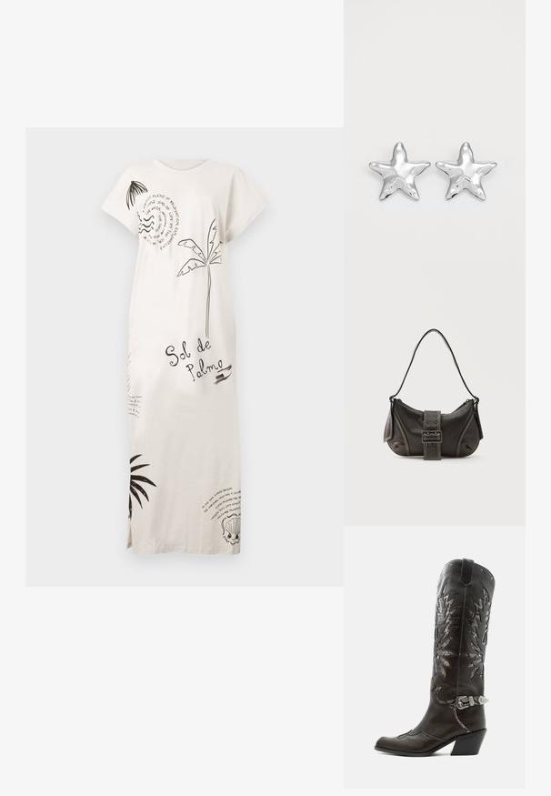 Langes weißes Kleid mit schwarzen Drucken von Palmen, Muscheln und Texten, einschließlich "Sol de Palma". Es hat kurze Ärmel und seitliche Schlitze.; Schwarzer Leder-Cowboystiefel mit dekorativen Ausschnitten, silberner Schnalle und schräger Ferse, auf weißem Hintergrund dargestellt.; Schwarze Leder-Schultertasche mit Schnallengurt-Detail, abgerundeten Kanten und kontrastierenden weißen Nähten auf schlichtem Hintergrund.; Silberne sternförmige Ohrringe mit einer polierten, glänzenden Oberfläche. Jeder Ohrring hat fünf Spitzen und dezente Oberflächentexturdetails.