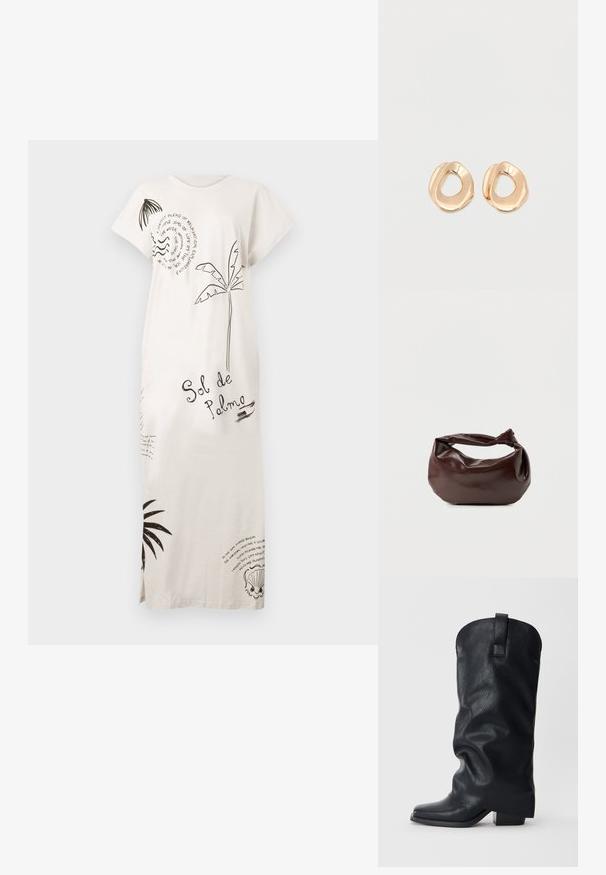 Langes weißes Kleid mit schwarzen Drucken von Palmen, Muscheln und Texten, einschließlich "Sol de Palma". Es hat kurze Ärmel und seitliche Schlitze.; Hochschwarzer Cowboy-Stiefel aus Leder mit niedrigem Blockabsatz und Zuglasche vor einfachem hellem Hintergrund.; Dunkelbraune Lederschultertasche mit weicher, lockerer Form und einem gedrehten Knotengriff vor schlichtem weißem Hintergrund.; Paar unregelmäßig geformter, polierter Creolen aus goldfarbenem Metall mit offenem Zentrum auf weißem Hintergrund.