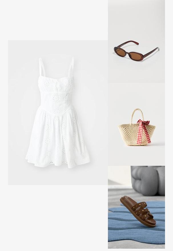 Vestido blanco con tirantes de espagueti ajustables, un corsé ajustado y una falda acampanada. Presenta bordados en forma de ojal y un detalle de cuerda en el escote.; Sandalia tipo chancla marrón con tres tiras tachonadas descansando sobre una alfombra azul texturizada y un objeto escultórico gris en el fondo.; Gafas de sol redondas con tinte marrón y un marco burdeos brillante. Patillas delgadas con un sutil detalle de marca. Diseño de lentes planos.; Bolso tote de paja tejido con asas trenzadas y un lazo de cinta a cuadros rojos y blancos atado a un lado.