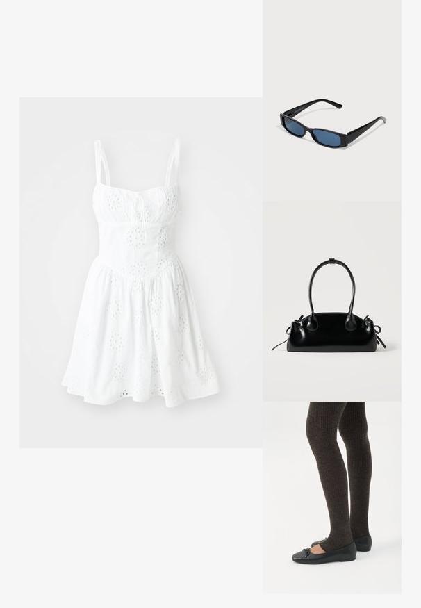 Vestido blanco con tirantes de espagueti ajustables, un corsé ajustado y una falda acampanada. Presenta bordados en forma de ojal y un detalle de cuerda en el escote.; Piernas con leggings oscuros acanalados combinados con bailarinas negras que presentan pequeños detalles de lazo sobre un fondo blanco.; Gafas de sol negras con una elegante montura rectangular y lentes azules. Presentan una textura suave y varillas resistentes. Logo de la marca en el costado.; Pequeño bolso negro brillante con dos asas largas y detalles de cordón lateral sobre un fondo claro liso.