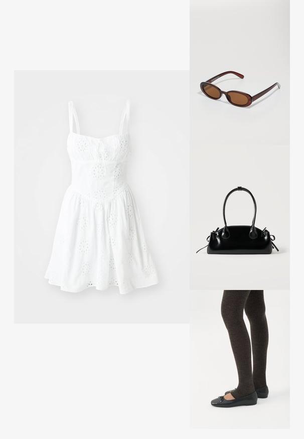 Witte jurk met verstelbare spaghetti-bandjes, een aansluitend lijfje en een uitlopende rok. Voorzien van oogjes borduursel en een trekkoorddetail bij de halslijn.; Benen met donkere geribbelde leggings gecombineerd met zwarte ballerina's met kleine strikdetails op een witte achtergrond.; Ronde, bruin getinte zonnebril met een glanzend bordeauxrood frame. Slanke pootjes met subtiele merkdetails. Vlakke lensontwerp.; Kleine zwarte glanzende handtas met twee lange hengsels en zijkant trekkoord details op een effen lichte achtergrond.