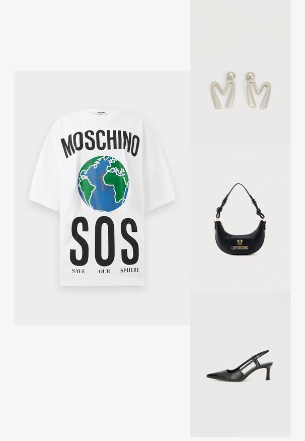 Biela oversized tričko s nápisom "MOSCHINO" nad grafickým zobrazením modrej a zelenej Zeme a textom "SOS SAVE OUR SPHERE" nižšie.; Čierna kožená obuv so záhadným opätkom, špicatou špičkou, lesklým detailom na špičke a stredne vysokým opätkom. Dizajn s otvoreným bočným stranom.; Čierna taška v tvare polmesiaca s uzlovou rukoväťou a zlatou tabuľkou s logom "Love Moschino" na prednej strane, horné zapínanie na zips.; Pár strieborných kovových náušníc v tvare uhľovitého písmena M s zaoblenými zapínaniami na bielom pozadí.