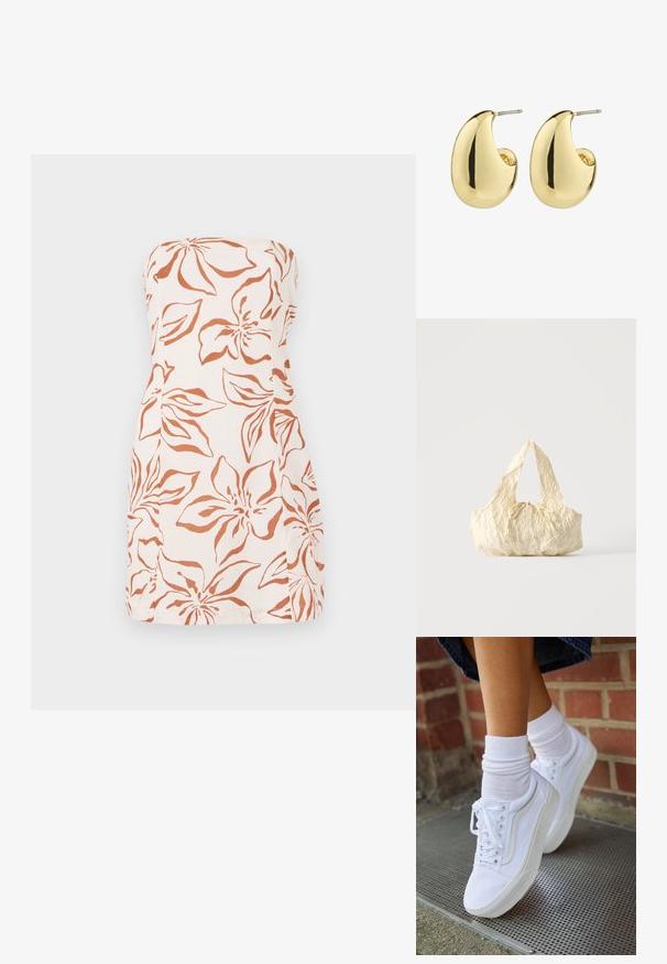 Robe sans bretelles en tissu léger, avec un motif floral orange sur fond crème. Coupe droite avec un ourlet simple.; Baskets en toile blanches avec semelles en caoutchouc, dotées de six œillets, d'un bout rond et de détails de couture légers, portées avec des chaussettes blanches mi-mollet.; Sac à main en tissu texturé couleur crème avec des anses sur le dessus et un petit nœud noué au centre devant.; Boucles d'oreilles en métal doré avec une surface lisse et polie, présentant une forme abstraite en goutte d'eau. Attache en tige métallique simple.