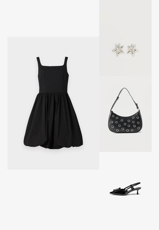 Mustmustäriga kleit, millel on ruudukujuline kaelus, kitsas kehaosa ja kogutud, laienev seelik, mis lõpeb ümarate äärtega. Sile kangas.; Mustad läikivad nahkjalatsid, millel on terav varvas, ees viigivöönd ja väike stiletto konts. Rihmad on reguleeritavate pandlitega.; Mustast nahast õlakott reguleeritava rihmaga, millel on hõbedased metallist silmusekaunistused ja pealmine luku suletav osa.; Hõbedast tähekujulised rõngaskõrvarõngad, millel on sile ja poleeritud viimistlus, tavalise valge taustaga.