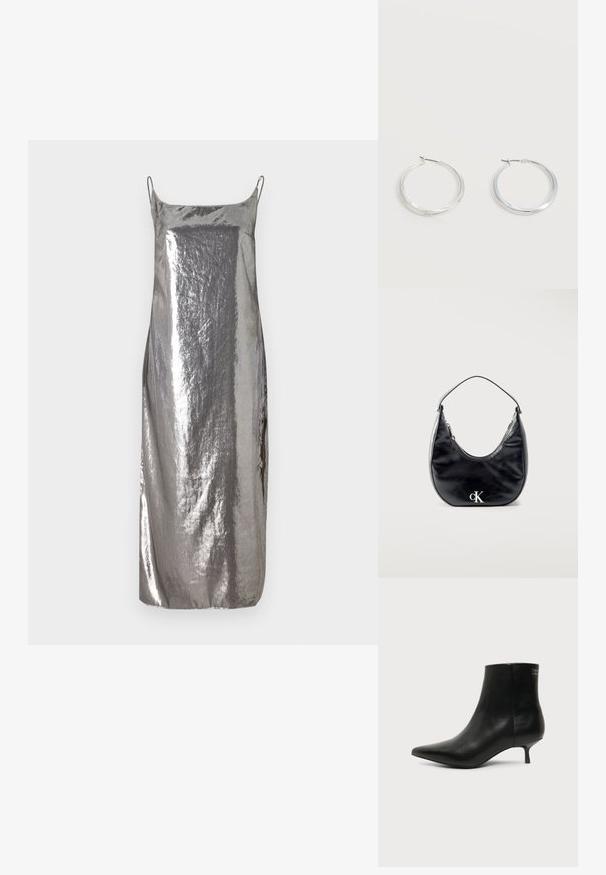 Robe de soirée argentée métallisée avec des bretelles fines, texture lisse, et une silhouette droite, présentant un éclat subtil et un design minimaliste.; Bottine en cuir noir avec bout pointu et petit talon kitten sur fond clair, vue côté extérieur.; Sac à main en cuir noir en forme de croissant avec une sangle courte et un logo "cK" argenté sur le devant, fermeture éclair en haut.; Boucles d’oreilles créoles en métal argenté avec une surface lisse légèrement incurvée et des fermoirs à clapet sur un fond blanc uni.