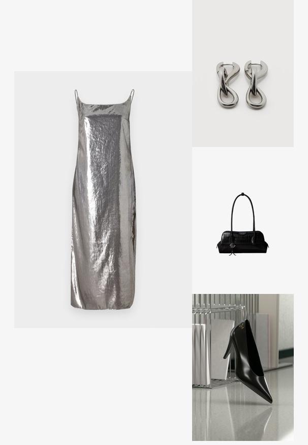 Silberne metallische Slipdress mit dünnen Trägern, glatter Textur und gerader Silhouette, die einen subtilen Glanz und ein minimalistisches Design aufweist.; Schwarzer High-Heel-Schuh mit spitzer Zehe und goldem Logo, auf einer reflektierenden Oberfläche nahe einem verchromten Draht-Organizer mit Dokumenten positioniert.; Schwarze Umhängetasche aus krokodilstrukturiertem Leder mit langen Riemen und einem kleinen silbernen Logocharm an einem Riemen.; Paar silberfarbene Metallohrringe mit abstraktem ineinandergreifendem Schlaufen-Design auf weißem Hintergrund.