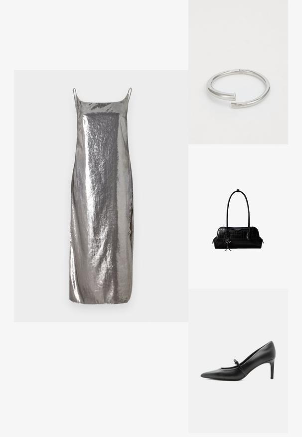 Robe de soirée argentée métallisée avec des bretelles fines, texture lisse, et une silhouette droite, présentant un éclat subtil et un design minimaliste.; Escarpin noir en cuir à bout pointu avec une fine bride et une boucle sur le cou-de-pied, posé sur un fond clair neutre.; Sac à épaule en cuir noir à texture crocodile, avec de longues sangles et un petit charm logo argenté sur une sangle.; Calvin Klein SPIRAL - Bracelet - silver-coloured
