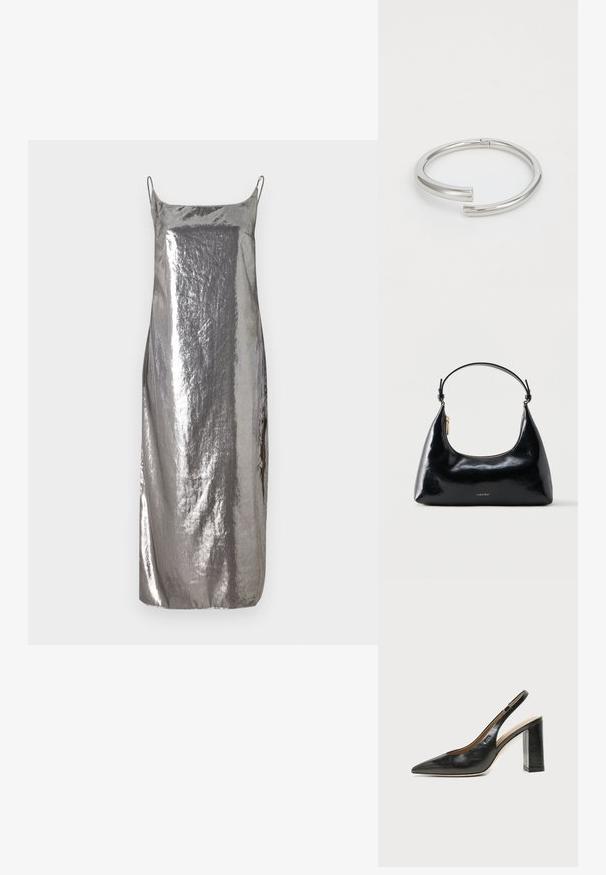 Zilveren metallic slipdress met dunne bandjes, gladde textuur en een rechte silhouette, met een subtiele glans en minimalistisch ontwerp.; Zwarte leren slingback schoen met spits toelopend neusje, hoge blokhak en beige binnenvoering tegen een effen lichte achtergrond.; Zwarte glanzende Calvin Klein handtas met gouden rits en korte band tegen een effen witte achtergrond.; Calvin Klein SPIRAL - Armband - silver-coloured