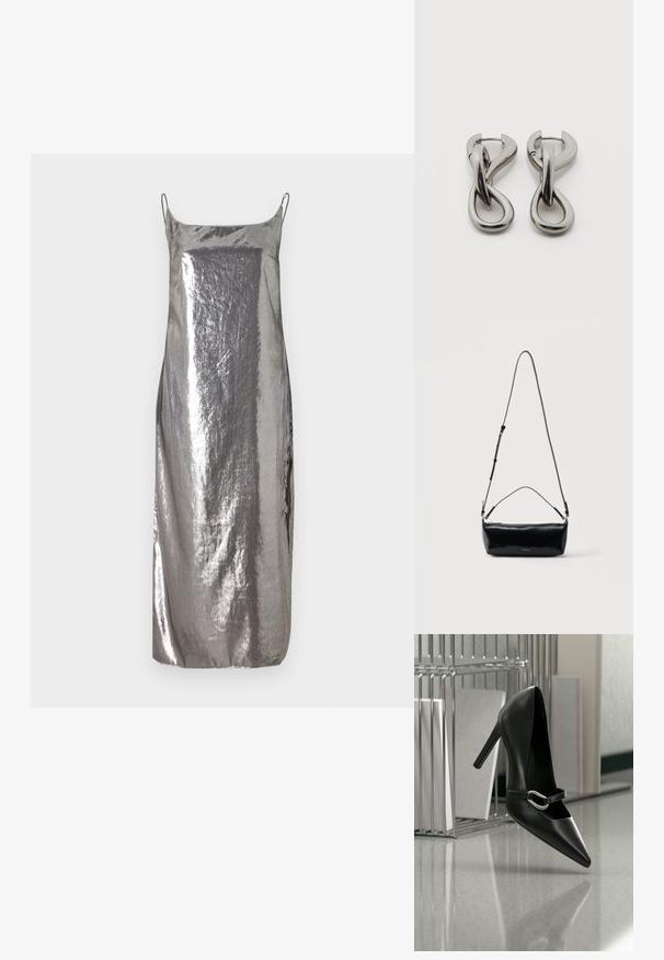 Zilveren metallic slipdress met dunne bandjes, gladde textuur en een rechte silhouette, met een subtiele glans en minimalistisch ontwerp.; Zwarte puntige hoge hak met een zilveren gesp, geplaatst op een reflecterend oppervlak naast een metalen bestandhouder met papieren.; Zwarte rechthoekige leren crossbodytas met verstelbare schouderriem, bovenrits en klein gouden Calvin Klein-logo aan de voorkant.; Set zilverkleurige metalen oorbellen met een abstract ontwerp van in elkaar grijpende lussen op een witte achtergrond.