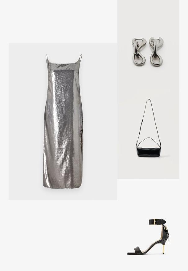 Vestido deslizante metálico plateado con tirantes finos, textura suave y una silueta recta, que presenta un brillo sutil y un diseño minimalista.; Sándal de tacón de cuero negro con punta cuadrada, correa en el tobillo con hebilla dorada y un tacón metálico esbelto. Textura suave, diseño minimalista.; Bolso cruzado rectangular de cuero negro con correa de hombro ajustable, cremallera superior y pequeño logo dorado de Calvin Klein en el frente.; Par de pendientes de metal con acabado plateado y diseño abstracto de bucles entrelazados sobre un fondo blanco.