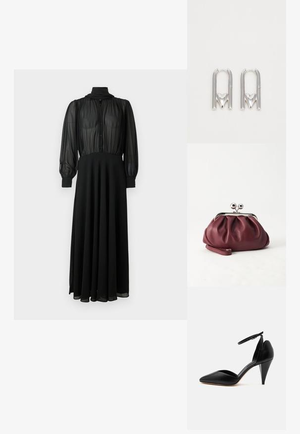Robe longue noire à manches longues avec corsage en chiffon transparent boutonné, col montant, poignets ajustés et jupe fluide unie.; Escarpin en cuir noir à bout pointu avec bride à la cheville et talon conique sur fond blanc.; Petit sac pochette en cuir bordeaux avec fermoir métallique argenté et bracelet sur fond blanc.; Boucles d'oreilles en métal argenté présentant une forme en U avec un accent en forme de cœur à la base, une texture lisse et une finition polie.