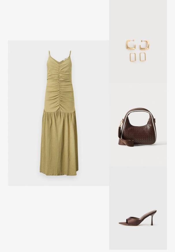 Robe longue sans manches vert olive avec corsage froncé à l'avant, décolleté en V, fines bretelles, et détail jupe froncée.; Mule en satin marron à bout ouvert avec un talon fin de hauteur moyenne et une conception à enfiler sur fond blanc uni.; Sac à main en cuir tressé marron avec passepoil blanc, fermeture éclair dorée et bandoulière amovible en tissu marron.; Deux paires de Boucles d'oreilles créoles géométriques dorées sur une surface blanche unie, une paire carrée et pleine, une paire rectangulaire et creuse.
