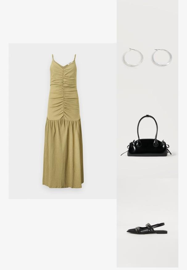 Robe longue sans manches vert olive avec corsage froncé à l'avant, décolleté en V, fines bretelles, et détail jupe froncée.; Even&Odd by Zalando Ballerines à brides arrière - black; Petit sac à main noir brillant avec deux longues anses et des détails à cordon sur les côtés sur un fond clair uni.; Boucles d’oreilles créoles en métal argenté avec une surface lisse légèrement incurvée et des fermoirs à clapet sur un fond blanc uni.