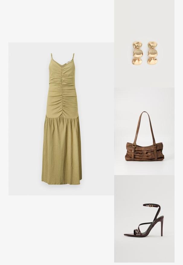Robe longue sans manches vert olive avec corsage froncé à l'avant, décolleté en V, fines bretelles, et détail jupe froncée.; Sandale à talons hauts en cuir verni bourgogne avec une bride de cheville, bout pointu et trois bandes horizontales sur le pied. Détail de boucle dorée.; Even&Odd Sac à main - brown; Boucles d’oreilles pendantes ton or avec trois segments irréguliers, lisses et arrondis empilés verticalement sur un fond clair uni.