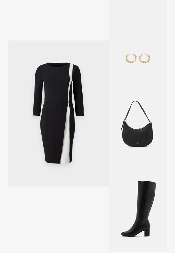 Sort kjole med trekvartærmer, der har en hvid diagonalt stribe. Fremstillet af glat stof, tætsiddende talje og knælangt design.; Anna Field by Zalando Høje støvler/ Støvler - black; Sort læderhåndtaske med en buet form, struktureret overflade, forreste syninger og et logo i guldfarve. Har en enkelt justerbar rem.; Gul hoop ørestikker med en struktureret, uregelmæssig form. Har en sømløs lukning og en poleret overfladefinish, der fremhæver et moderne design.