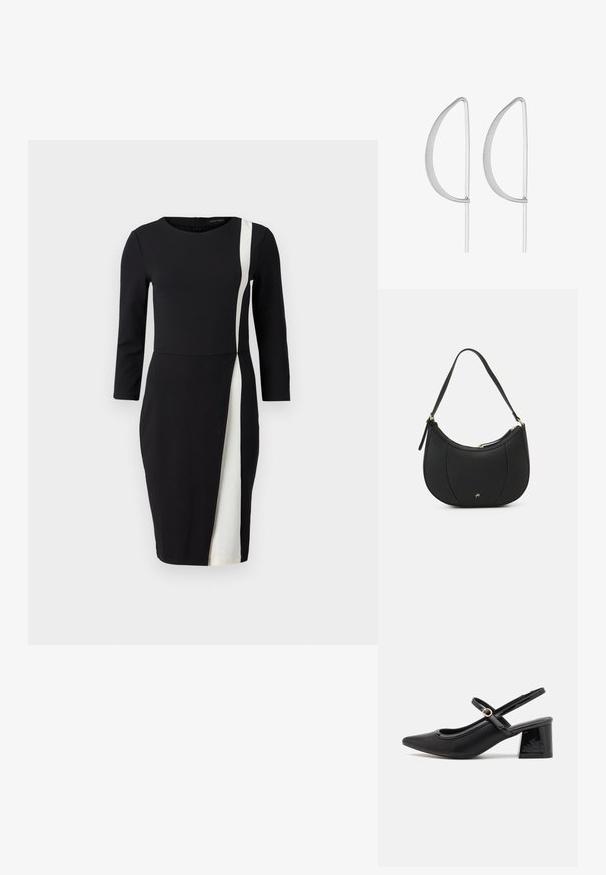 Zwarte jurk met driekwartmouwen, voorzien van een witte diagonale streep. Gemaakt van gladde stof, met een aansluitende taille en een knielange snit.; Zwarte gepolijste leren slingback hakken met een spitse neus, een ronde uitsnede en een blokhak. Voorzien van een gouden gespaccent.; Zwarte leren handtas met een gebogen vorm, textuuroppervlak, voornaden en een logo in goudkleur. Beschikt over een enkele verstelbare schouderband.; Zilveren metalen oorbellen met een minimalistisch gebogen ontwerp, met uitgerekte, open druppelvormen en een matte afwerking.