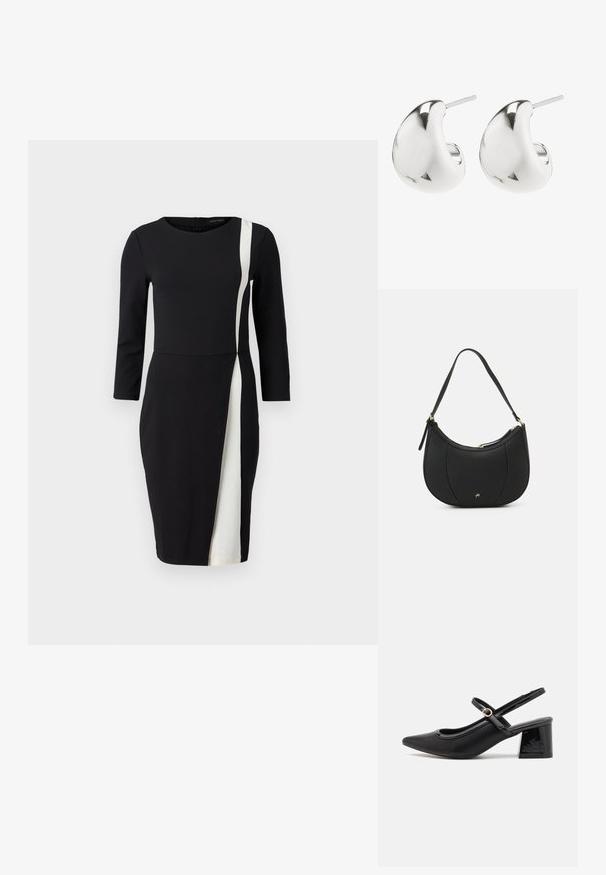 Sort kjole med trekvartærmer, der har en hvid diagonalt stribe. Fremstillet af glat stof, tætsiddende talje og knælangt design.; Sorte patentlæder slingback hæle med spids tå, rund udskæring og blokhæl. Har en guldtonet spændeaccents.; Sort læderhåndtaske med en buet form, struktureret overflade, forreste syninger og et logo i guldfarve. Har en enkelt justerbar rem.; Sølv stud øreringe med et glat, buet design. De har en poleret overflade og en stift, der sikrer sikker bæring.