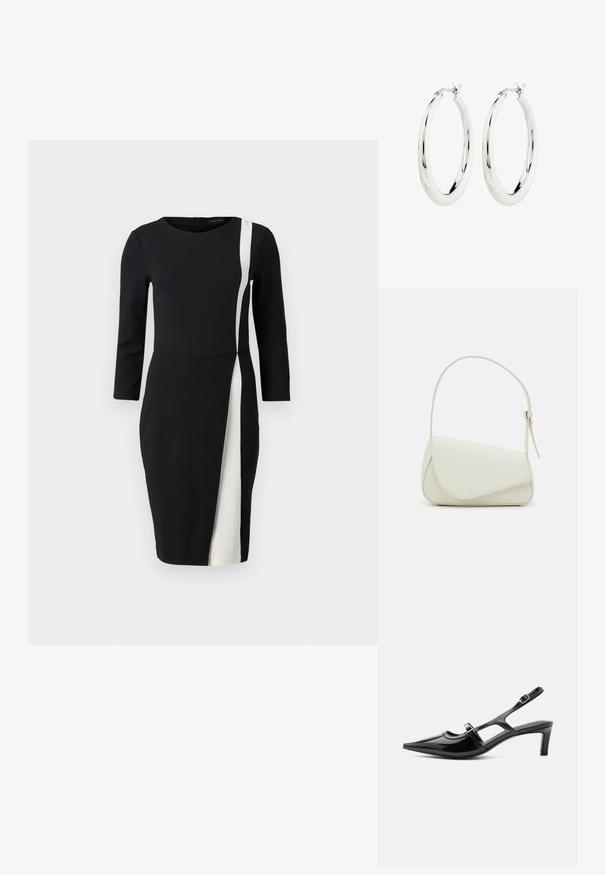 Sort kjole med trekvartærmer, der har en hvid diagonalt stribe. Fremstillet af glat stof, tætsiddende talje og knælangt design.; Sort laklæder spids tå slingback sko med lav hæl og to justerbare spænder, vist i sideprofil.; Hvid taske i faux læder med en struktureret trekantet form, enkelt justerbart skulderstrop og en flaplås med kurver.; Sølvøreringe i form af hoops med en glat, blank finish. Cirkulær form, der har en sikker lås. Simpelt og elegant design.