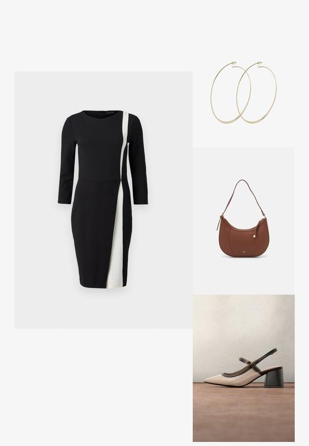 Zwarte jurk met driekwartmouwen, voorzien van een witte diagonale streep. Gemaakt van gladde stof, met een aansluitende taille en een knielange snit.; Beige slingback pump met hoge hak, puntige neus, zwarte bies en gespsluiting. Glad materiaal met een matte afwerking, middelhoge blokhak.; Bruine faux leren schoudertas met een gebogen vorm, minimale stiksels en een gouden hardware-accent. Voorzien van een bovenste ritsluiting en een verstelbare schouderband.; Pilgrim Oorbellen - gold-coloured