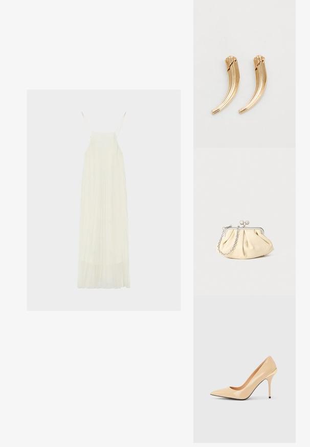 Robe longue blanche sans manches avec fines bretelles et jupe fluide plissée sur fond uni.; Escarpin à talon haut en cuir verni beige avec bout pointu et talon aiguille fin, orné d'un petit accent doré à l'arrière.; Pochette en cuir beige plissé avec un cadre en métal argenté, dotée de deux fermoirs ronds décoratifs et d'une chaîne en argent.; Pince à cheveux en métal doré avec un design incurvé et strié. Texture lisse avec une finition polie et des bouts arrondis. Deux pièces présentées.