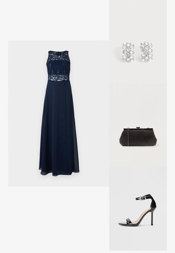 Robe de soirée bleu marine avec un corsage en dentelle ornée de sequins, sans manches, et une jupe fluide avec un détail de fente haute.; Sandale à talon haut en cuir verni noir avec bride à la cheville. Présente un design minimaliste, un bout ouvert et une boucle ornée de strass.; Pochette noire en mesh avec une silhouette structurée, ornée de petits clous métalliques, dotée d'une fermeture à clip et d'une bandoulière en chaîne détachable.; Paire de boucles d'oreilles ton argent avec plusieurs cristaux clairs facettés disposés en motif géométrique.