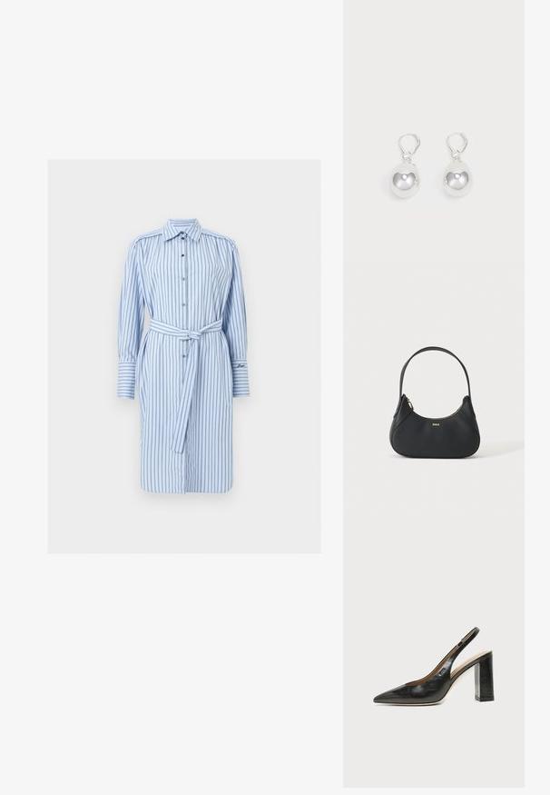 Robe-chemise bleu clair à manches longues avec des rayures verticales foncées et une ceinture assortie à nouer à la taille.; Chaussure slingback en cuir noir à bout pointu avec un talon bloc haut et une doublure intérieure beige sur un fond clair uni.; Sac à bandoulière en cuir noir avec une forme incurvée, fermeture éclair dorée et petit logo doré à l'avant, isolé sur fond clair.; Boucles d'oreilles en argent en forme de goutte avec des surfaces lisses, rondes et réfléchissantes, suspendues à des fermoirs à ressort. L'arrière-plan est blanc uni.