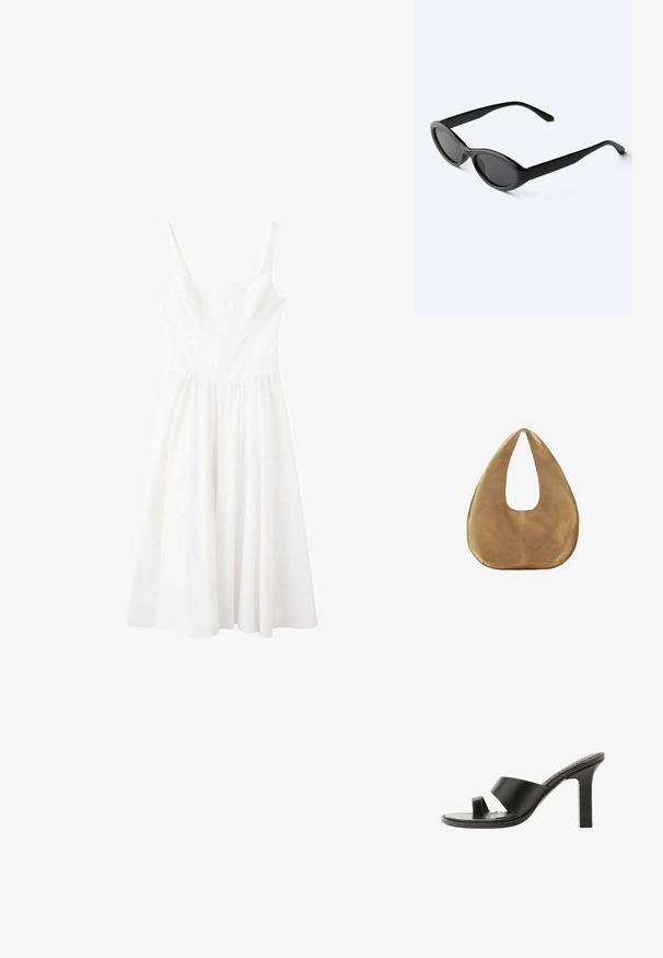 Robe blanche sans manches avec un décolleté carré et une taille froncée, dotée d'une jupe fluide mi-longue.; Sandale noire à talon haut avec une large bride sur le pied et une boucle pour l’orteil, vue de côté sur fond blanc.; Lunettes de soleil ovales noires et élégantes avec des verres foncés et des branches droites, posées sur une surface blanche.; Sac hobo en daim couleur camel avec un corps large et arrondi et une seule anse plate, présenté sur fond blanc uni.