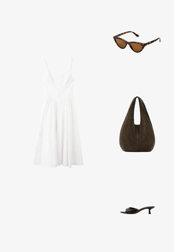 Robe blanche sans manches avec un décolleté carré et une taille froncée, dotée d'une jupe fluide mi-longue.; Sandale mule noire à bout ouvert avec un talon bas courbé et une tige en cuir lisse sur fond blanc.; Lunettes de soleil style œil de chat avec une monture en écaille de tortue noire et orange, verres marron et pointes effilées et élégantes. Présente un logo minimaliste sur la branche.; Sac hobo en daim marron foncé doux avec une large bandoulière unique et un fond arrondi sur fond blanc.