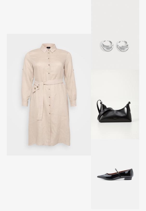 Helles beiges Hemdblusenkleid aus Leinen, mit Kragen, langen Ärmeln, durchgehender Knopfleiste und einem gebundenen Gürtel in der Taille.; Schwarze Lackleder-Mary-Jane-Ballerinas mit spitz zulaufender Zehenpartie und kleinem Absatz, ausgestattet mit einem verstellbaren Riemen mit goldfarbener Schnalle.; Schwarze lederne Handtasche mit glatter Textur. Verfügt über einen verstellbaren Riemen und ein elegantes, minimalistisches Design mit einem Reißverschluss.; Paar polierte silberne Creolen mit geschichtetem, gebogenem Stabdesign auf einem einfarbigen hellen Hintergrund.