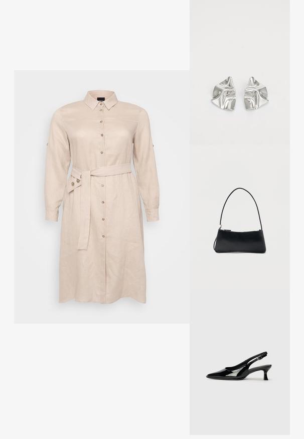 Licht beige overhemdjurk van linnen, met een kraag, lange mouwen, knoopsluiting aan de voorkant en een gestrikte riem om de taille.; Zwarte lakleren slingback schoenen met een spitse neus en een lage blokhak. Verstelbare gespband bij de enkel.; Zwart rechthoekig handtasje met een dunne band en ritssluiting, afgebeeld tegen een effen witte achtergrond.; Zilveren metalen oorbellen met een golvend, sculpturaal ontwerp, voorzien van een gepolijste afwerking en onregelmatige vormen, die een hedendaagse esthetiek benadrukken.
