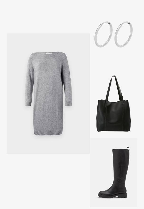 Grå strikket kjole med rund halsudskæring, lange ærmer og ribbede manchetter. Blød tekstur, knælangt design, minimalistisk stil.; Vagabond KENOVA - Høje støvler/ Støvler - black; Sort læder tote bag med to lange håndtag, der har et minimalistisk design, glat tekstur og lodrette sømme på fronten.; Sølv hoops øreringe, cirkulær form, glat skinnende tekstur og ensartet bredde hele vejen igennem. Minimalistisk design uden yderligere accenter.