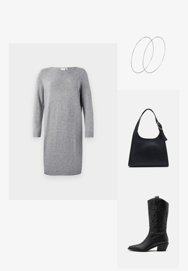 Grau gestricktes Kleid mit rundem Ausschnitt, langen Ärmeln und gerippten Bündchen. Weiche Textur, knielanges Design, minimalistischer Stil.; Schwarze Leder-Cowboy-Stiefel mit spitzem Zeh, geprägten, wirbelnden Mustern und einem mittelhohen Absatz. Mit einem Zuglasche für einfaches An- und Ausziehen.; Schwarze Leder-Tote mit glatter Textur, runder Form und einem einzigen Schulterriemen, der mit einem runden goldenen Hardware-Akzent verziert ist.; Silberne Creolen mit minimalistischem Design. Rundform, glatte Oberfläche und dünnes Profil. Leichtgewichtig mit hochglänzender Oberfläche.