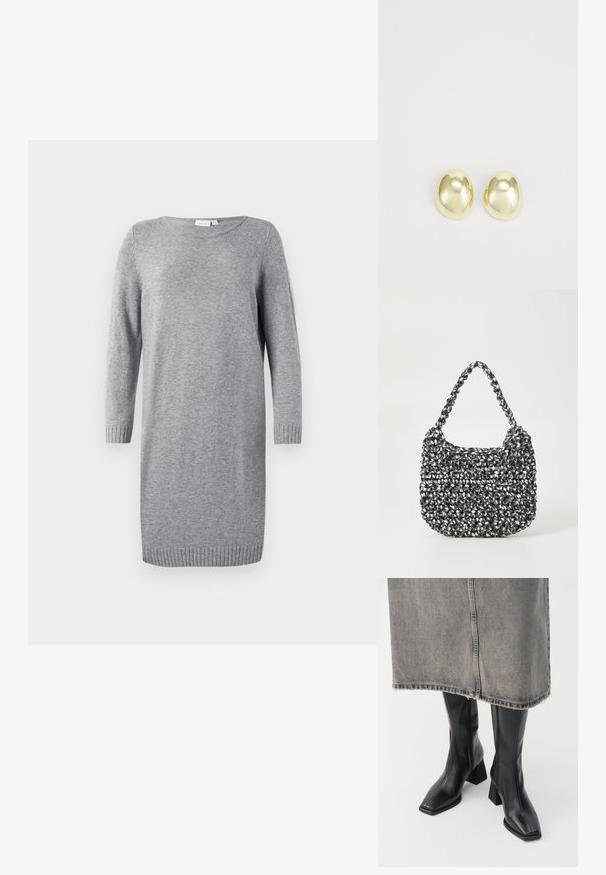 Grau gestricktes Kleid mit rundem Ausschnitt, langen Ärmeln und gerippten Bündchen. Weiche Textur, knielanges Design, minimalistischer Stil.; Schwarze knielange Stiefel aus glattem Leder mit quadrater Zehenpartie und Blockabsatz. Getragen mit einem grauen Jeansrock mit ausgefranstem Saum.; Gewebte Handtasche in Schwarz und Weiß mit runder Form, strukturiertem Oberflächenfinish und geflochtener Grifffläche. Geeignet für den lässigen Gebrauch.; Goldfarbene Metallstanzohrringe mit einer glatten, abgerundeten Form und polierter Oberfläche. Einfaches Design ohne zusätzliche Verzierungen.