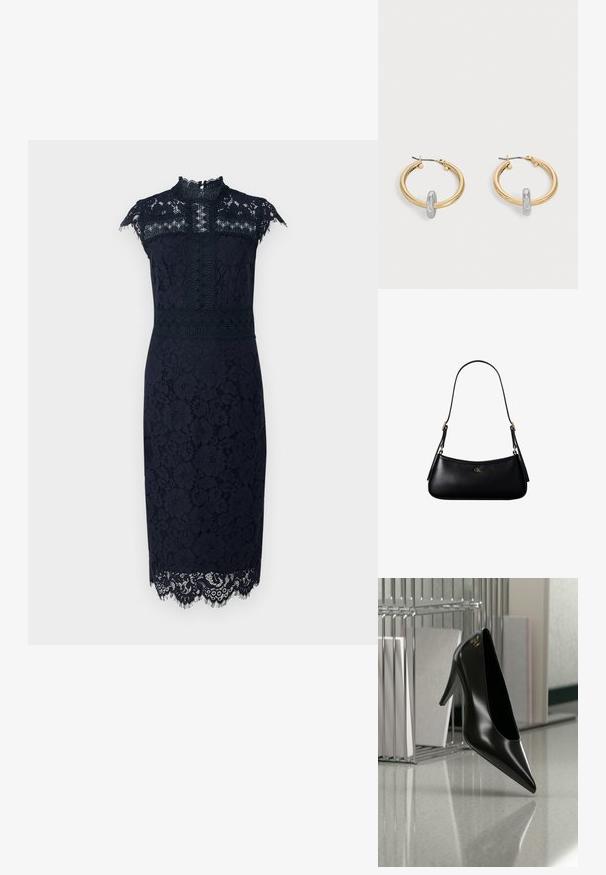 Ein marineblaues Spitzenkleid mit hohem Ausschnitt, kurzen Ärmeln, floralen Mustern und zarten Spitzenrand am Saum. Es besitzt eine figurnahen Silhouette.; Schwarzer High-Heel-Schuh mit spitzer Zehe und goldem Logo, auf einer reflektierenden Oberfläche nahe einem verchromten Draht-Organizer mit Dokumenten positioniert.; Schwarze kleine Lederschultertasche mit dünnem Riemen und kleinem goldenem CK-Logo auf der Vorderseite in der Mitte.; Paar goldfarbene Creolen mit kleinem silberfarbenem Schlaufen-Detail an jeder, vor hellem grauem Hintergrund präsentiert.