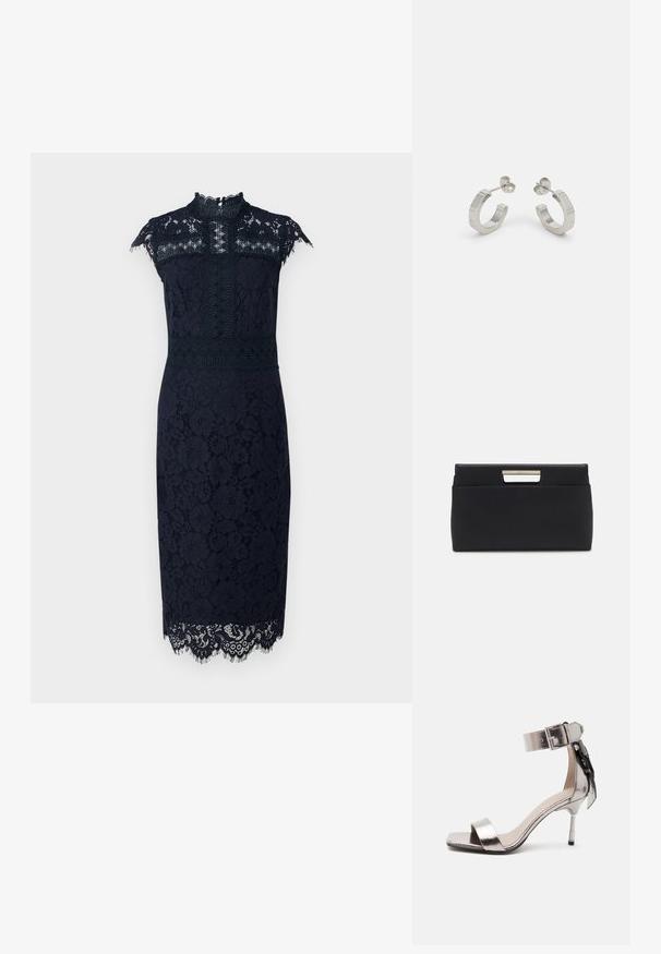 Tumes lace-kleid kõrge kaelusega, lühikeste varrukatega, lillemustriliste detailide ja õrna pitsiga ääres. Omab kehaümberpööravad siluetti.; Metallist hõbedased avatud varbaosaga kõrge kontsaga sandaalid, millel on pahkluus olev rihm ja pandla ning taga kaunistav lips.; Mustmust mustre taskuga mustr nurgaga. Omab metallist käepideme aktsenti sulgemisel, sile tekstuur ja minimalistlik disain.; Hõbedased metallist rõngakõrvarõngad tekstureeritud kujundusega, millel on väike kinnituskate ja bränding ühel rõngal. Ümar kuju ja poleeritud viimistlus.