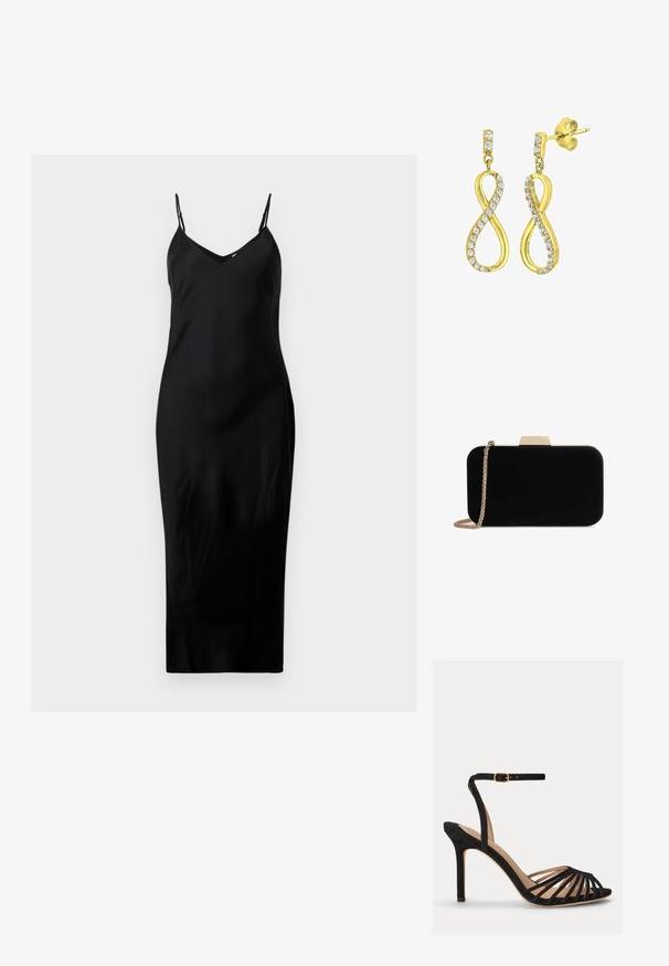 Schwarzes ärmelloses Midikleid mit dünnen Spaghetti-Trägern und V-Ausschnitt, präsentiert auf einem schlichten weißen Hintergrund.; Schwarze Sandale mit hohem Absatz und offenem Zehenbereich, mehreren dünnen vorderen Riemen und einem verstellbaren Knöchelriemen mit goldener Schnalle.; Schwarze Samt-Clutch mit goldfarbener Hardware, rechteckiger Form und Kettenriemen, mit glatter Textur und ohne sichtbare Muster.; Goldfarbene Ohrringe in Form eines stilisierten Unendlichkeitssymbols, verziert mit klaren, runden, geschliffenen Kristallen entlang der Kanten. Mit Steckverschluss.