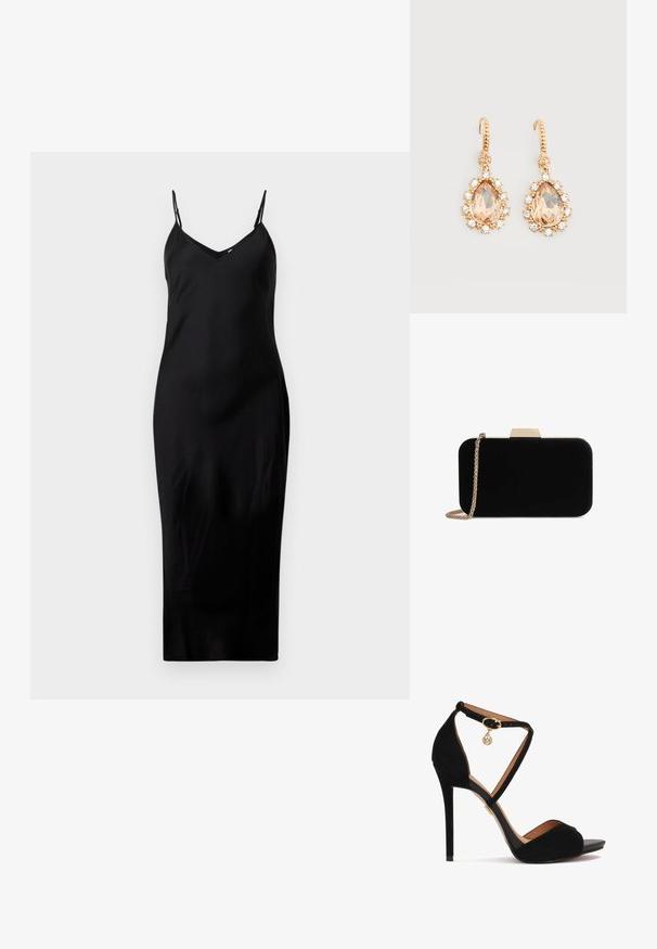 Schwarzes ärmelloses Midikleid mit dünnen Spaghetti-Trägern und V-Ausschnitt, präsentiert auf einem schlichten weißen Hintergrund.; Schwarze Wildleder-Hochzeitsandaletten mit gekreuzten Knöchelriemen, goldenen Beschlägen, offenem Zehendesign und einer glatten Lederinnensohle.; Schwarze Samt-Clutch mit goldfarbener Hardware, rechteckiger Form und Kettenriemen, mit glatter Textur und ohne sichtbare Muster.; Goldene Ohrhänger mit großen, birnentropfenförmigen Pfirsichsteinen, umgeben von kleinen, klaren Kristallen vor weißem Hintergrund.